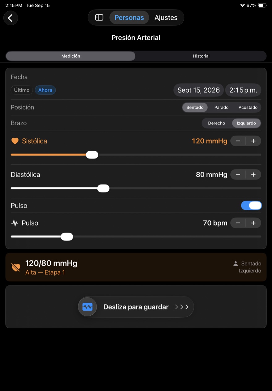 Pantalla de presión arterial en iPad