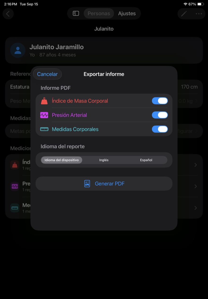 Panel de exportar informe en iPad