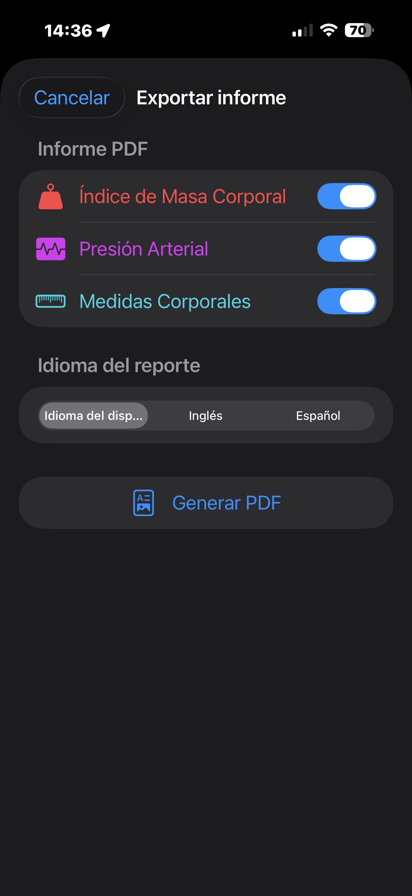 Pantalla de exportación de reporte PDF