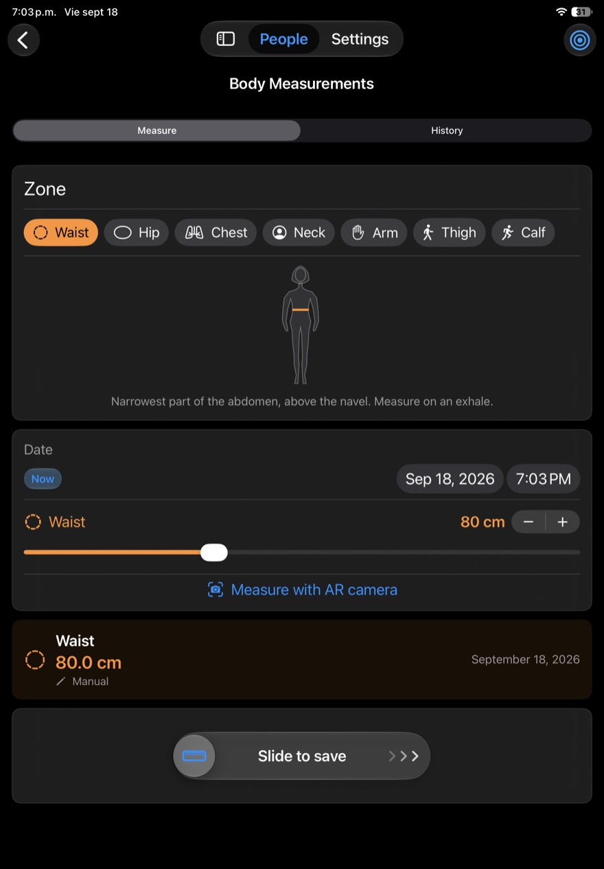 Body measurements screen with anatomical silhouette on iPad