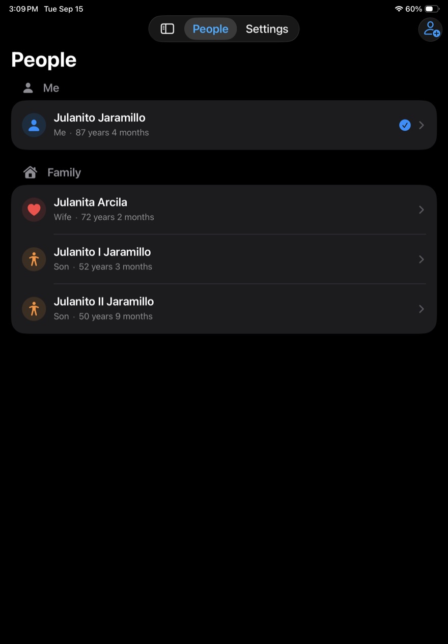 Family profiles list on iPad