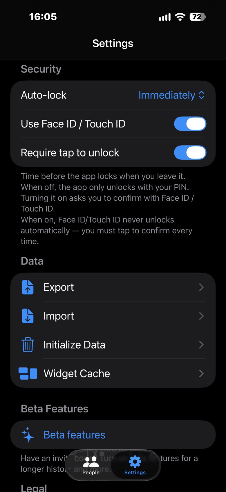 Settings screen, security and data sections
