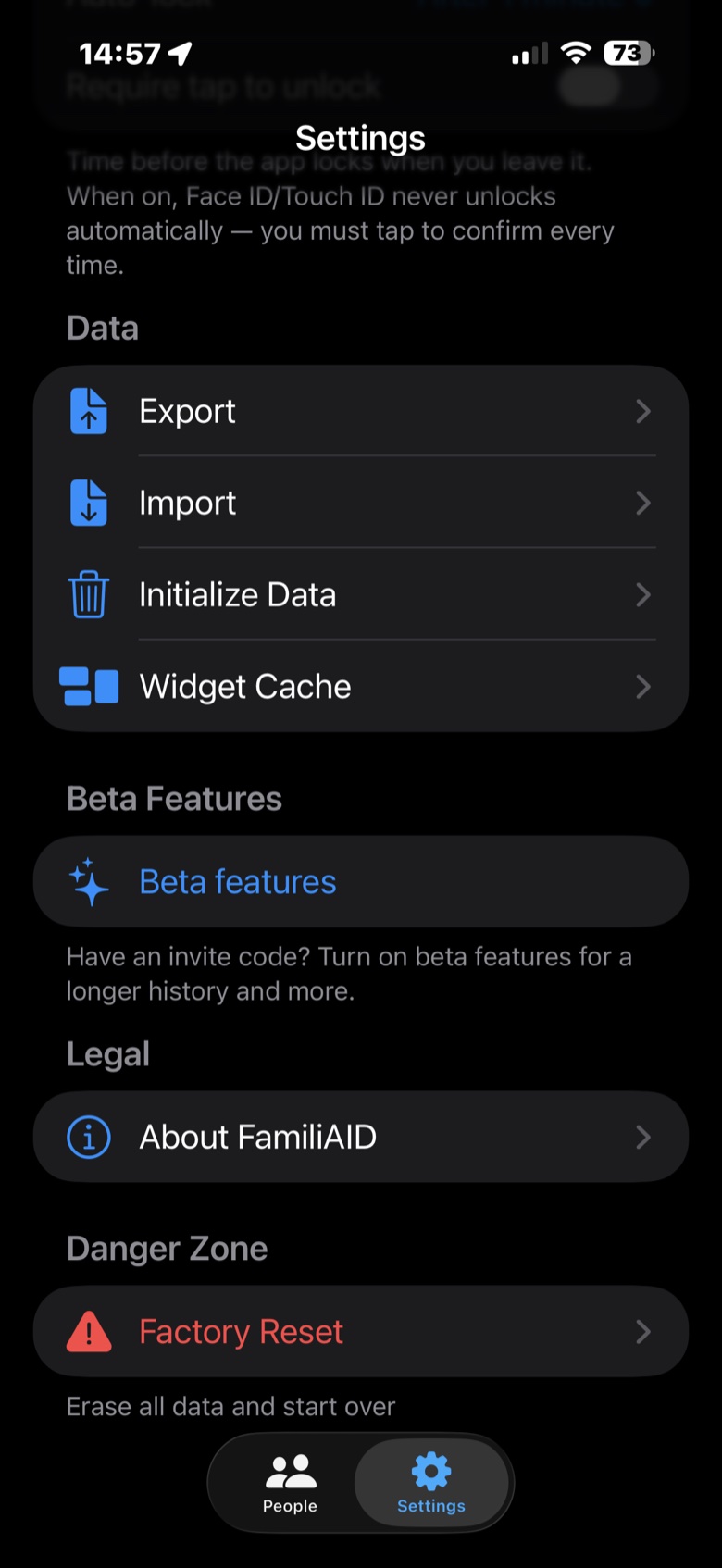 Settings screen, danger zone