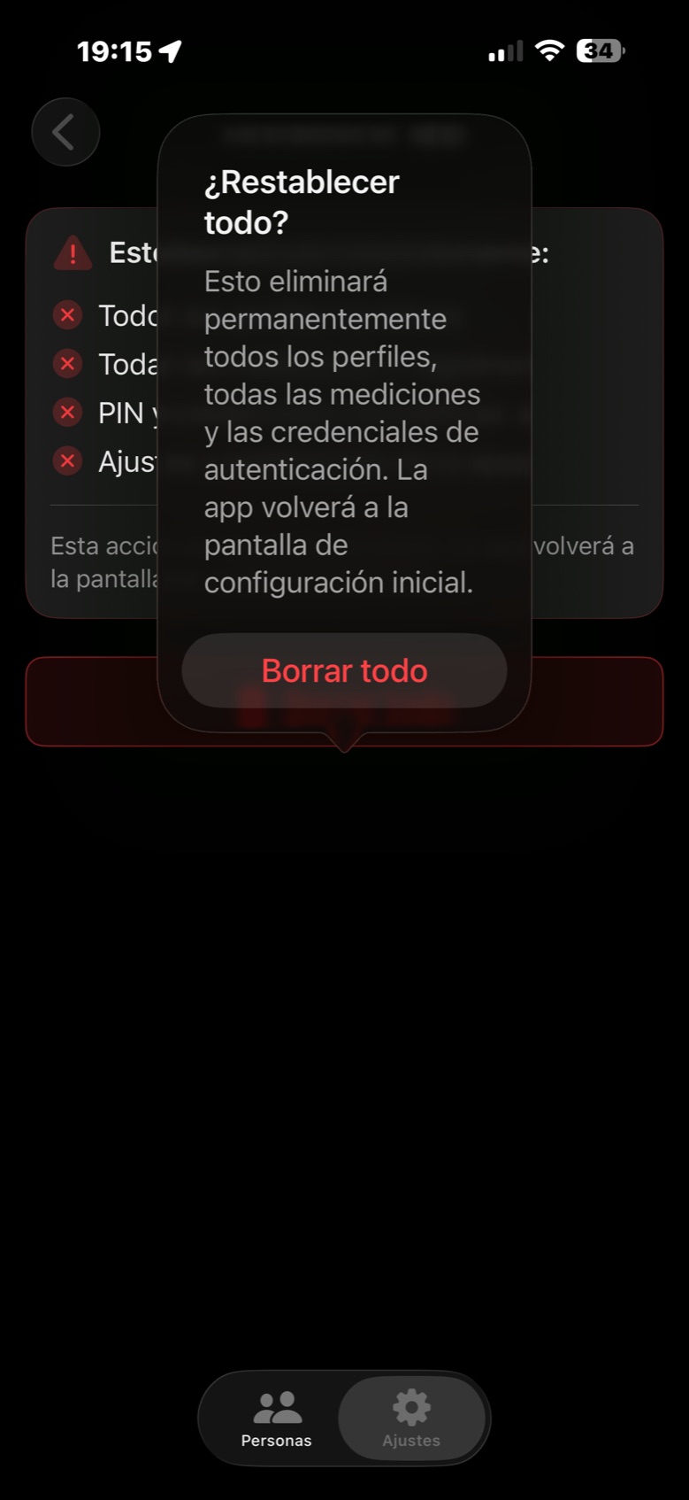 Diálogo de confirmación para restablecer app